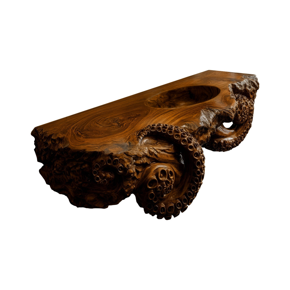 Octopus Carved Live Edge Floating Vanity with Integrated Sink in Brown finish
