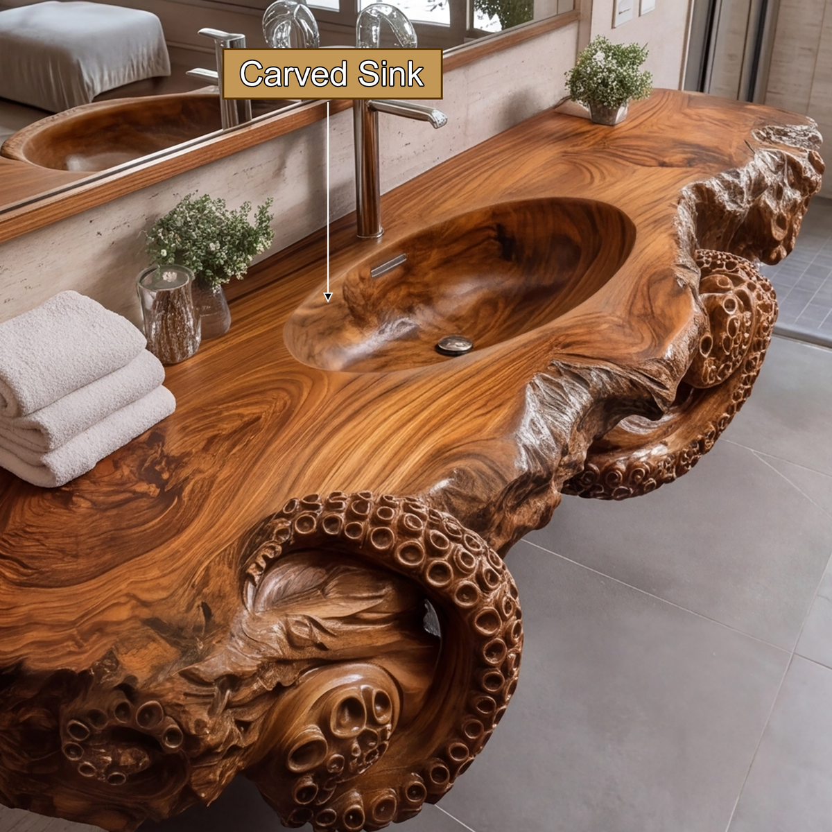 Octopus Carved Live Edge Floating Vanity with Integrated Sink - view 3