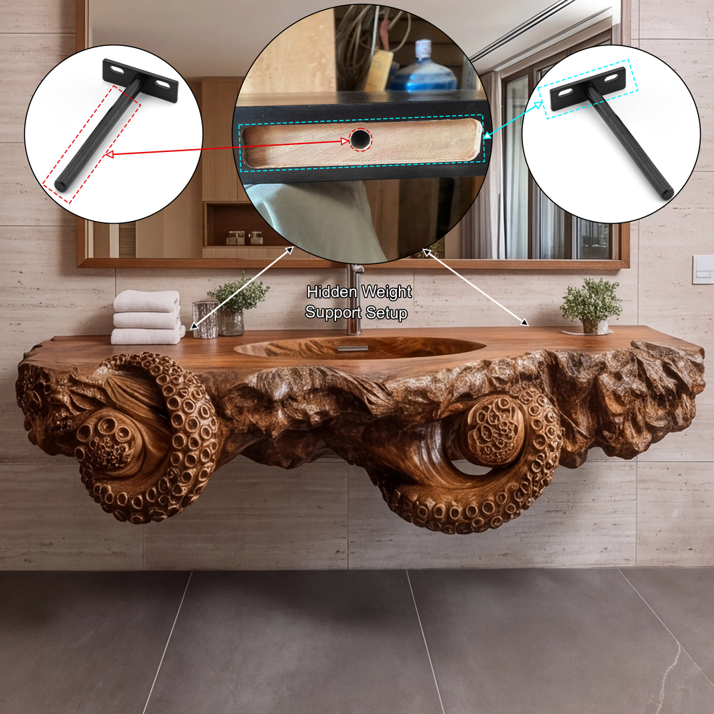 Octopus Carved Live Edge Floating Vanity with Integrated Sink - view 7