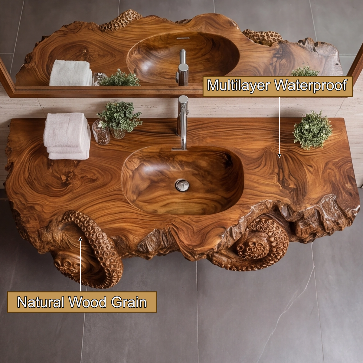 Octopus Carved Live Edge Floating Vanity with Integrated Sink - view 2