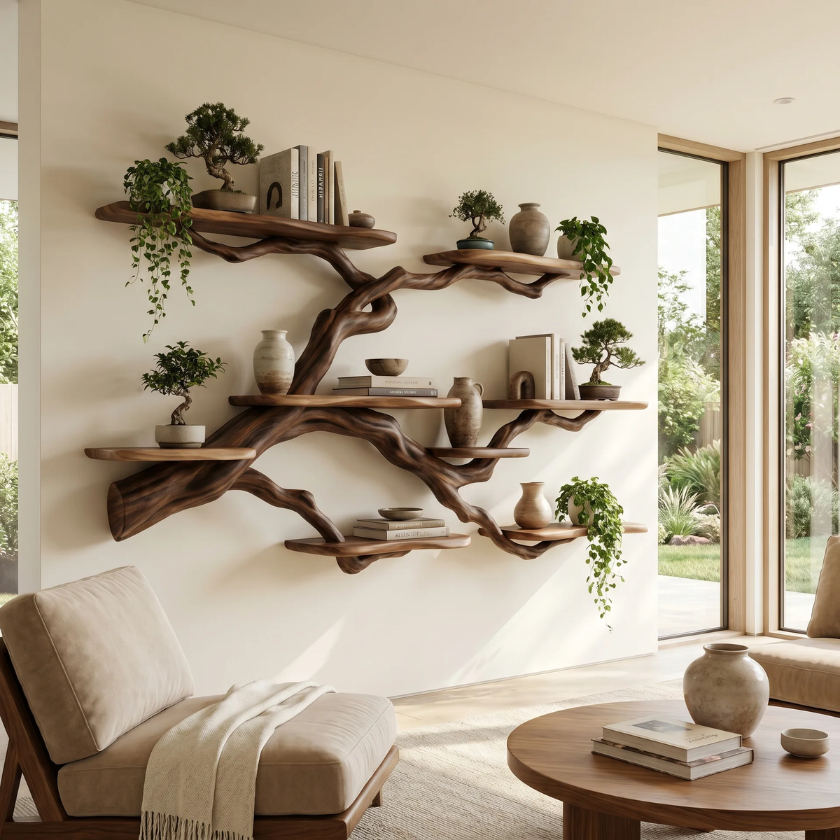 Solid Hardwood Floating Tree Bookshelf with Wide Branching Shelves