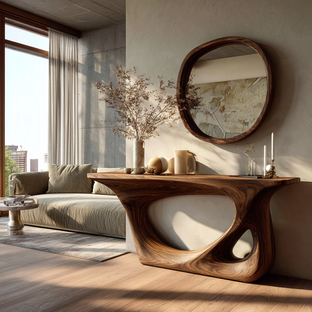 Sculpted Solid Wood Console Table with Carved Organic Voids