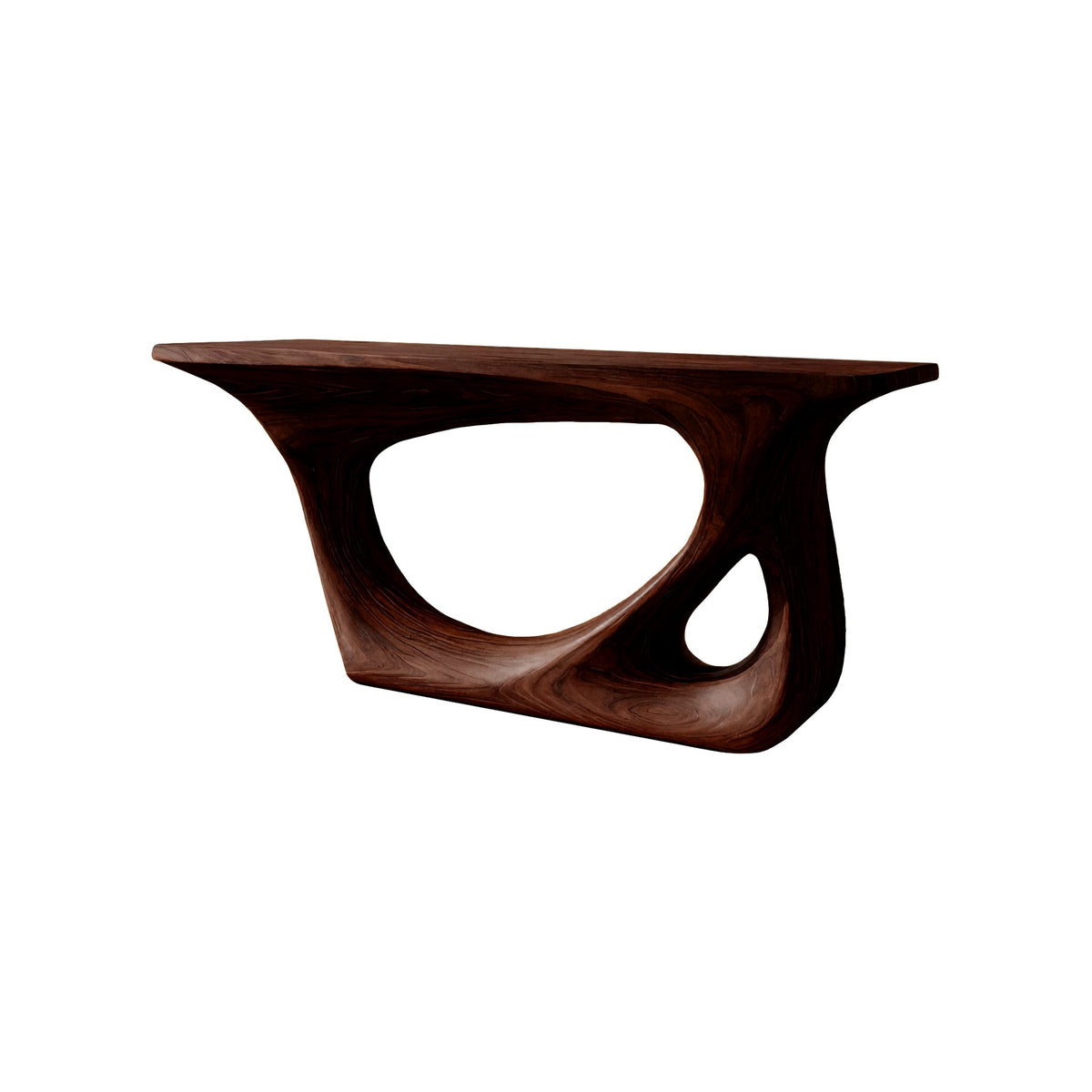 Sculpted Solid Wood Console Table with Carved Organic Voids in Dark Walnut finish