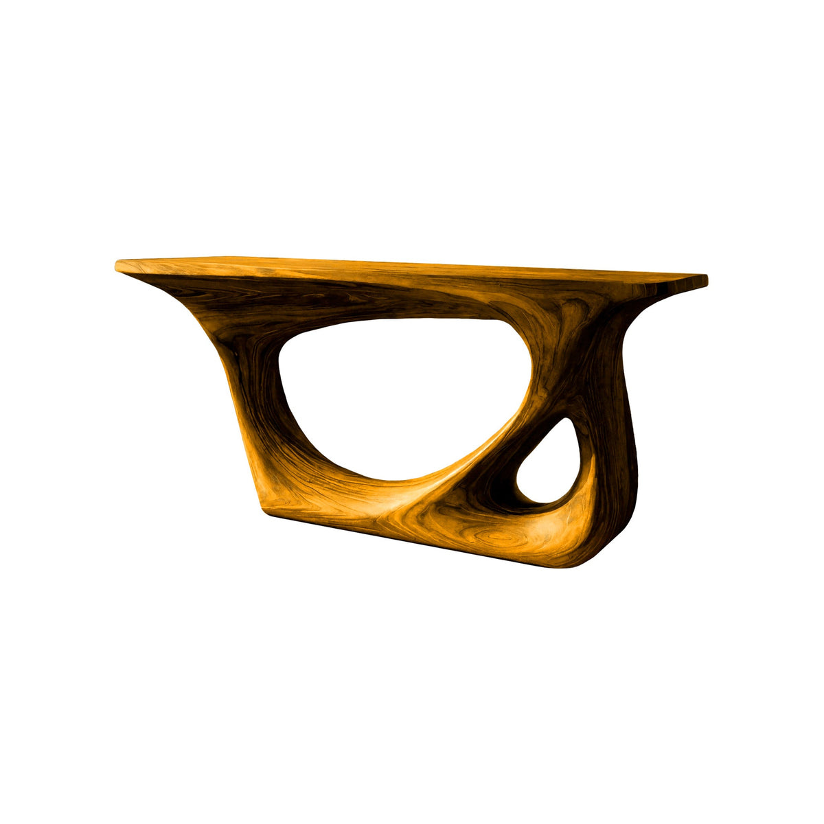 Sculpted Solid Wood Console Table with Carved Organic Voids in Teak finish