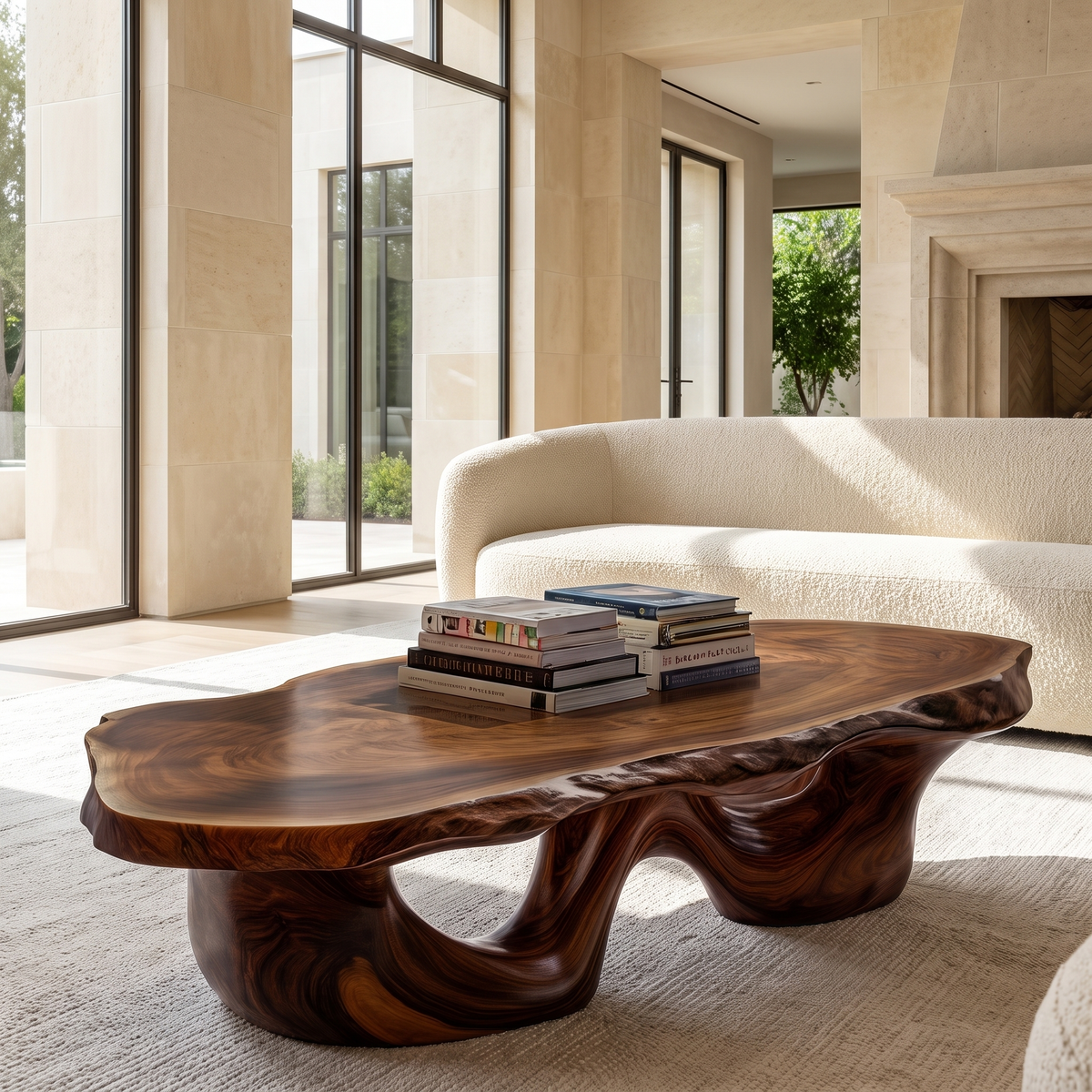 Live Edge Solid Wood Coffee Table with Flowing Pedestal Base in Dark Walnut finish