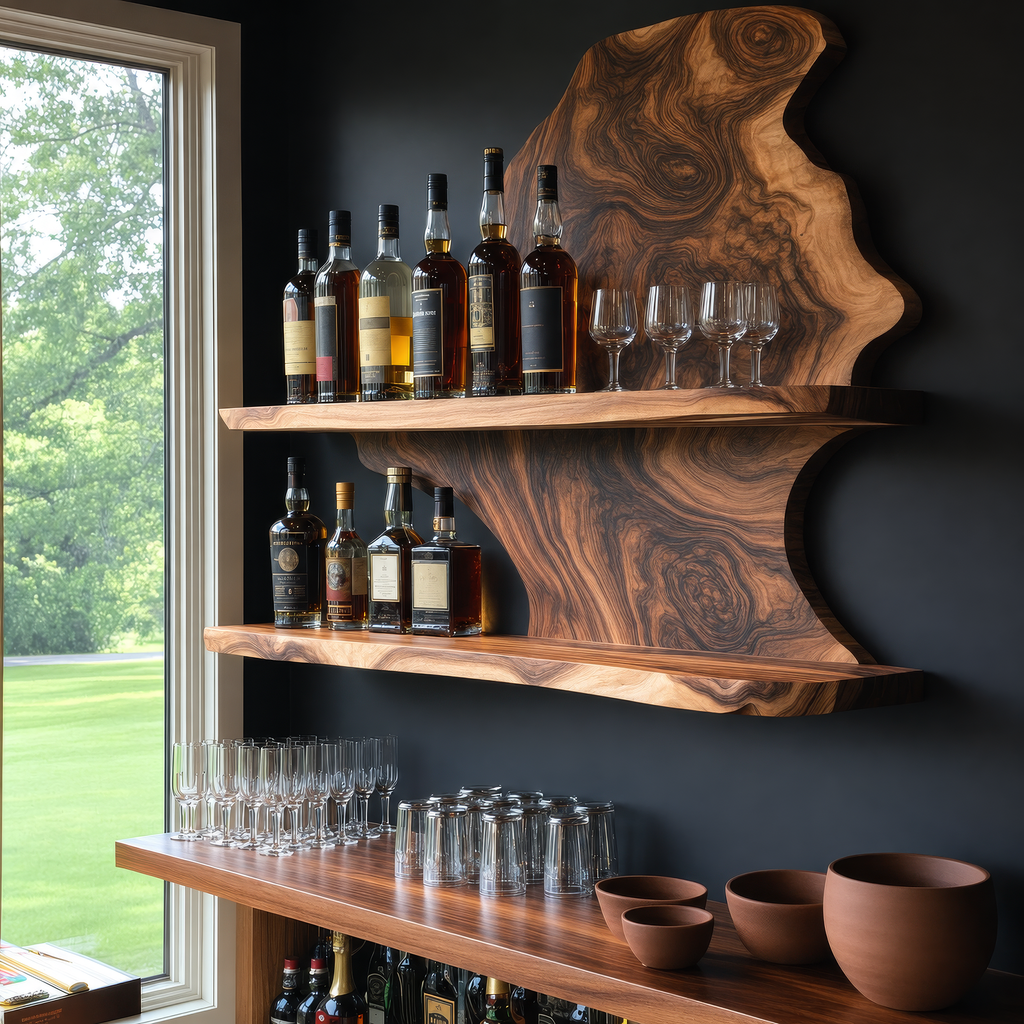 Live Edge Slab Floating Wine Shelf with Two Oversized Ledges