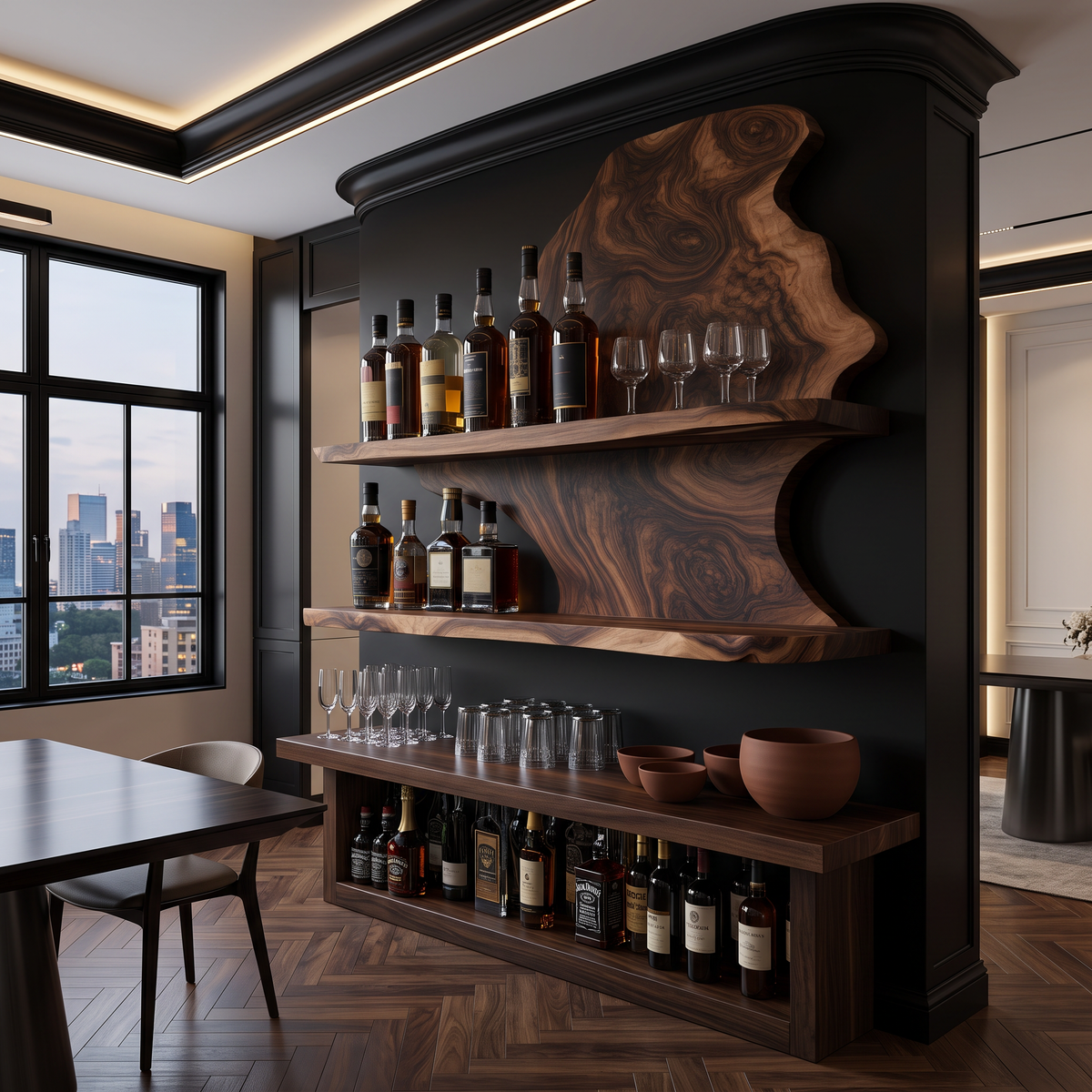 Live Edge Slab Floating Wine Shelf with Two Oversized Ledges in Dark Walnut finish