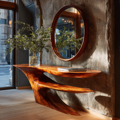 Cantilever Sculpted Solid Wood Console Table with Lower Shelf