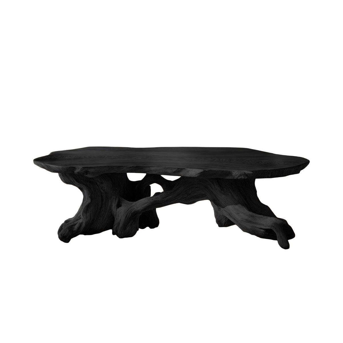 Live Edge Solid Wood Coffee Table with Root-Inspired Base in Black finish