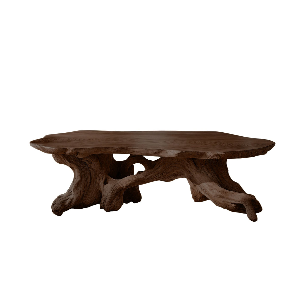 Live Edge Solid Wood Coffee Table with Root-Inspired Base in Dark Walnut finish