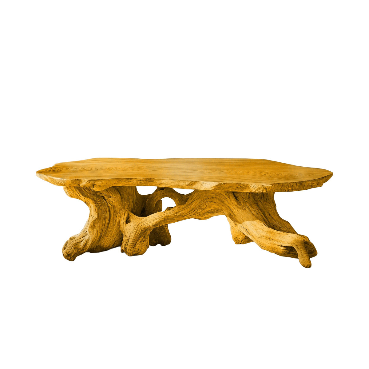 Live Edge Solid Wood Coffee Table with Root-Inspired Base in Teak finish