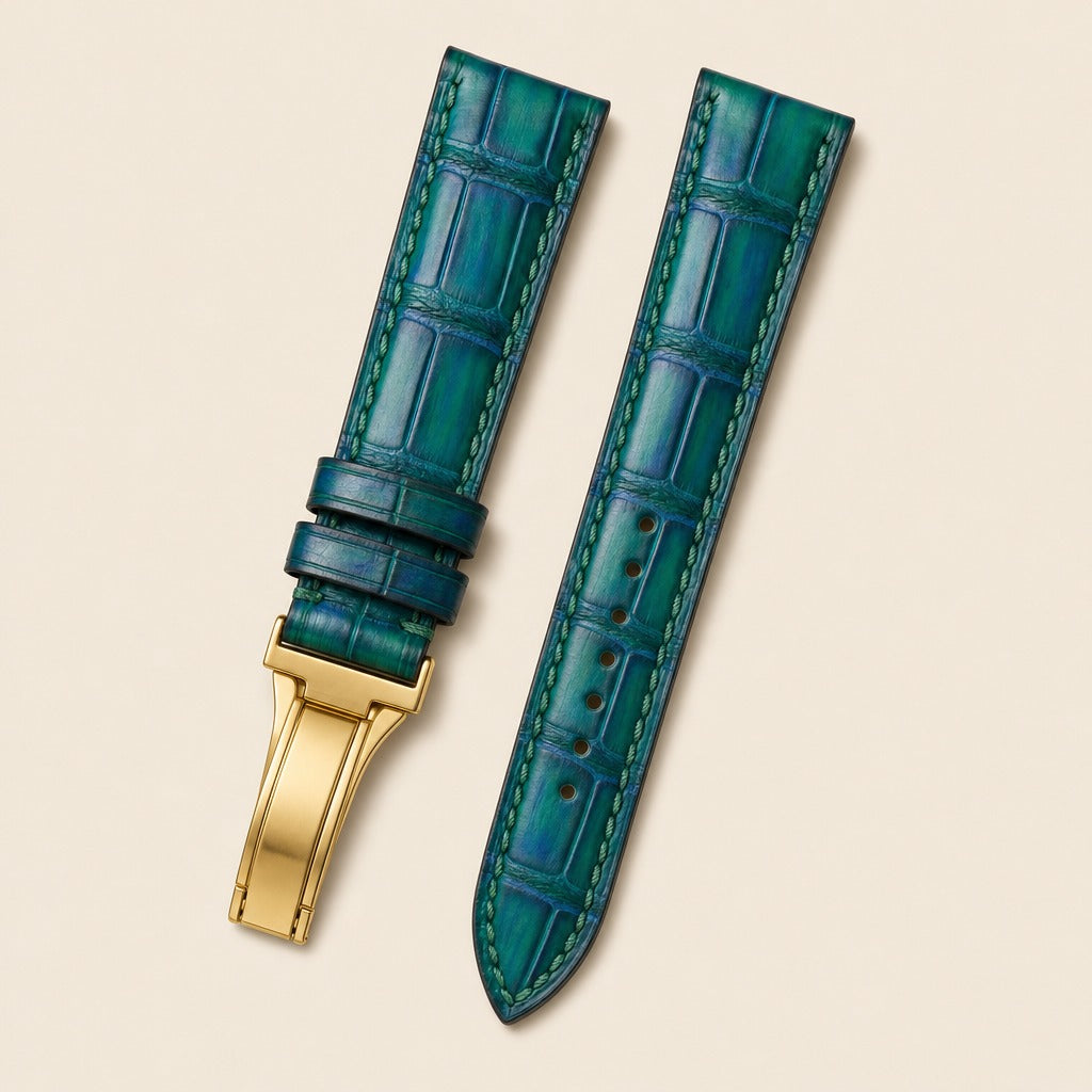 Aqua Green Alligator Leather Watch Strap leather watch strap, flat lay