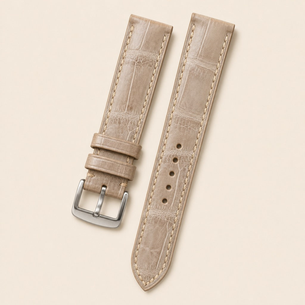 Beige Alligator Leather Watch Strap leather watch strap, flat lay