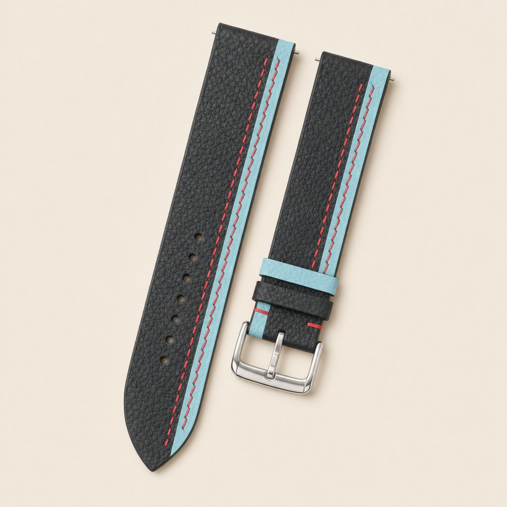 Black & Blue Epsom Leather Watch Strap leather watch strap, flat lay