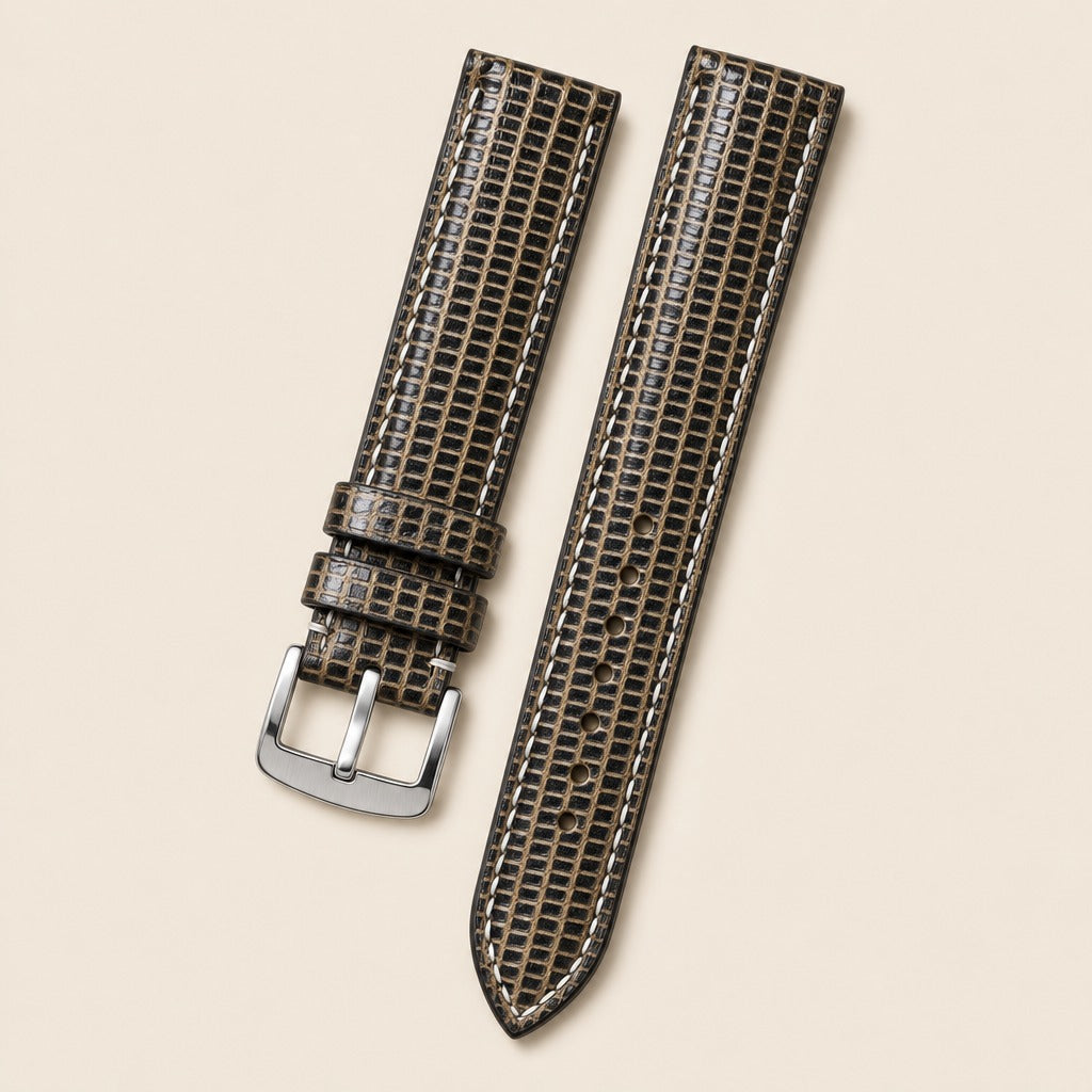 Black & Gold Lizard Leather Watch Strap leather watch strap, flat lay