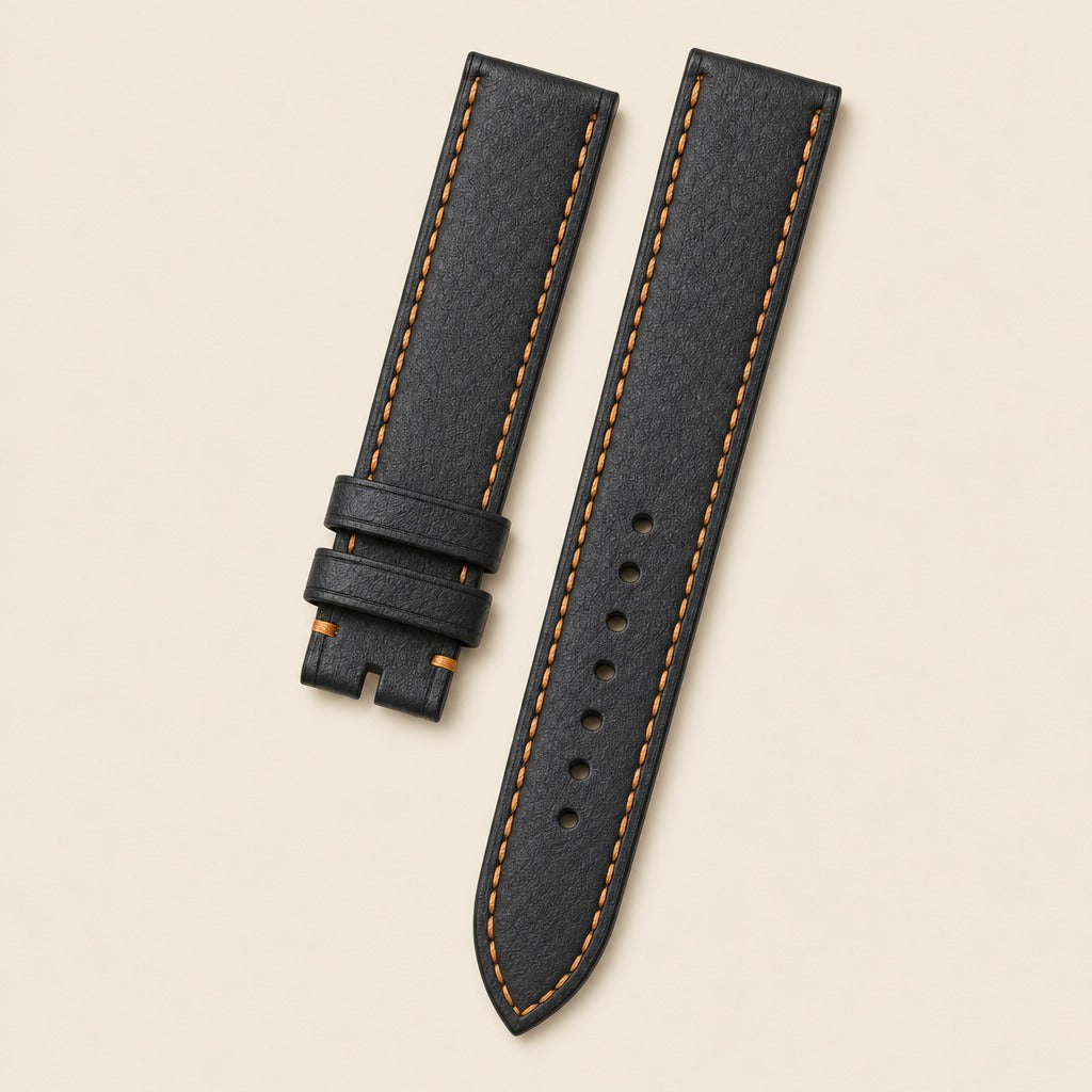 Black & Gold Vachetta Leather Watch Strap leather watch strap, flat lay