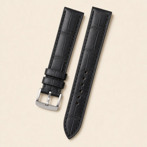 Black & Pearl White Alligator Leather Watch Strap leather watch strap, flat lay