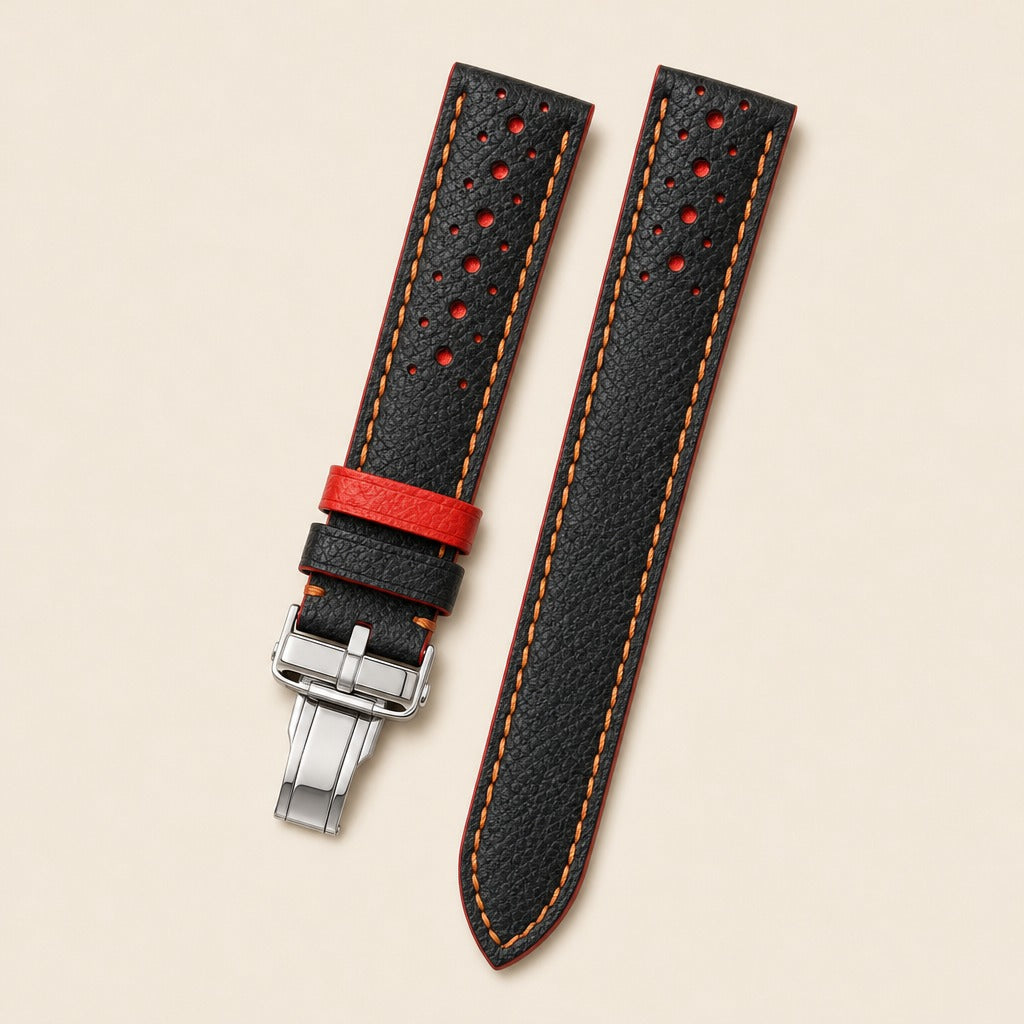 Black & Red Epsom Leather Watch Strap leather watch strap, flat lay