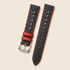 Black & Red Rally Racing Vachetta Leather Watch Strap leather watch strap, flat lay