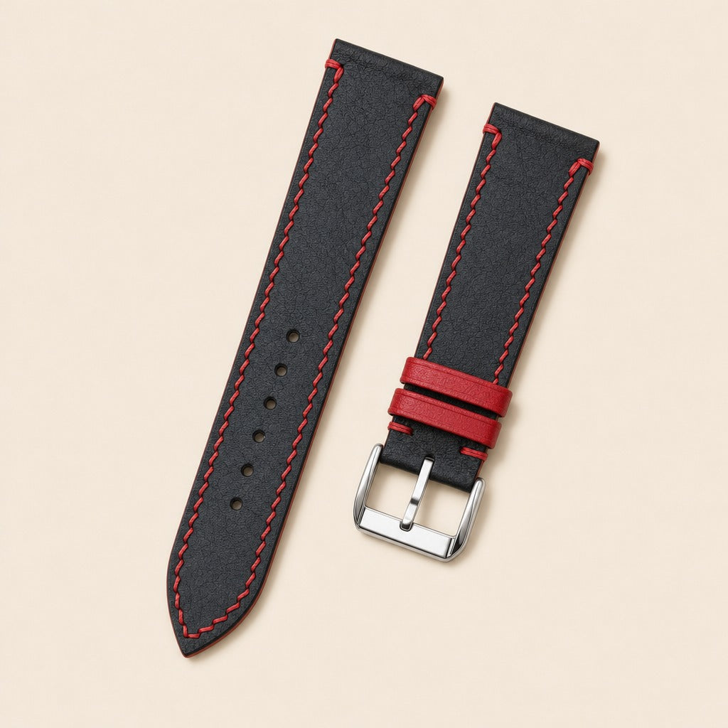 Black & Red Vachetta Leather Watch Strap leather watch strap, flat lay