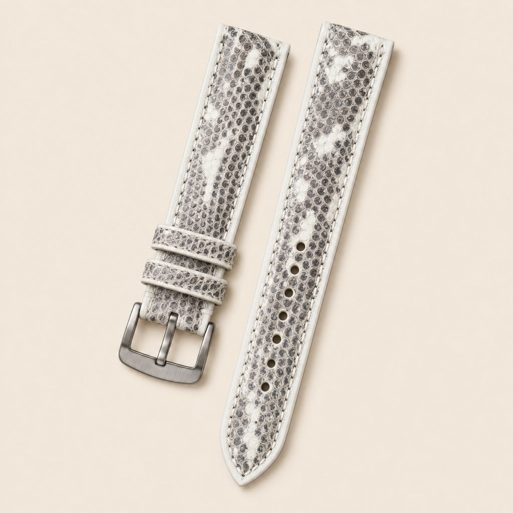 Black & White Lizard Leather Watch Strap leather watch strap, flat lay