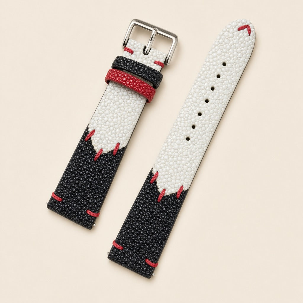 Black & White Stingray Leather Watch Strap leather watch strap, flat lay