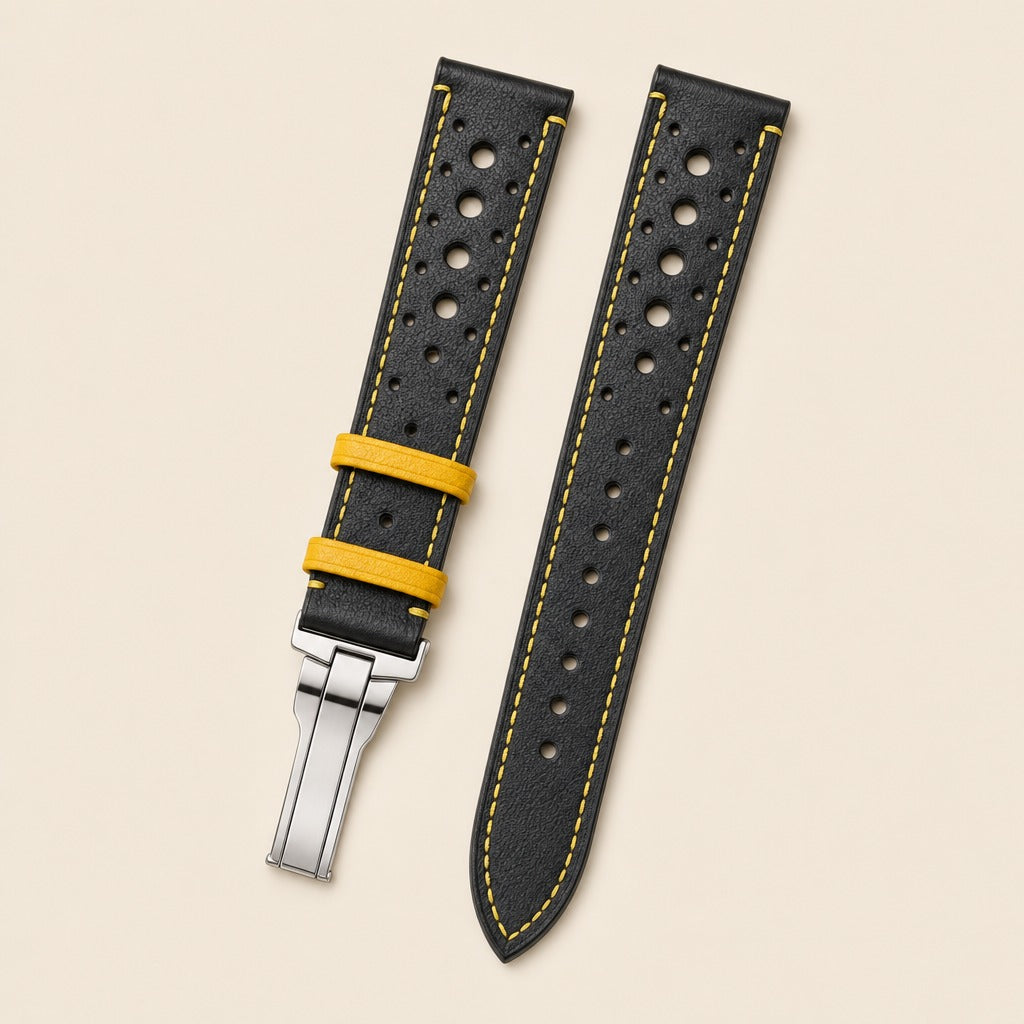 Black & Yellow Rally Racing Vachetta Leather Watch Strap leather watch strap, flat lay