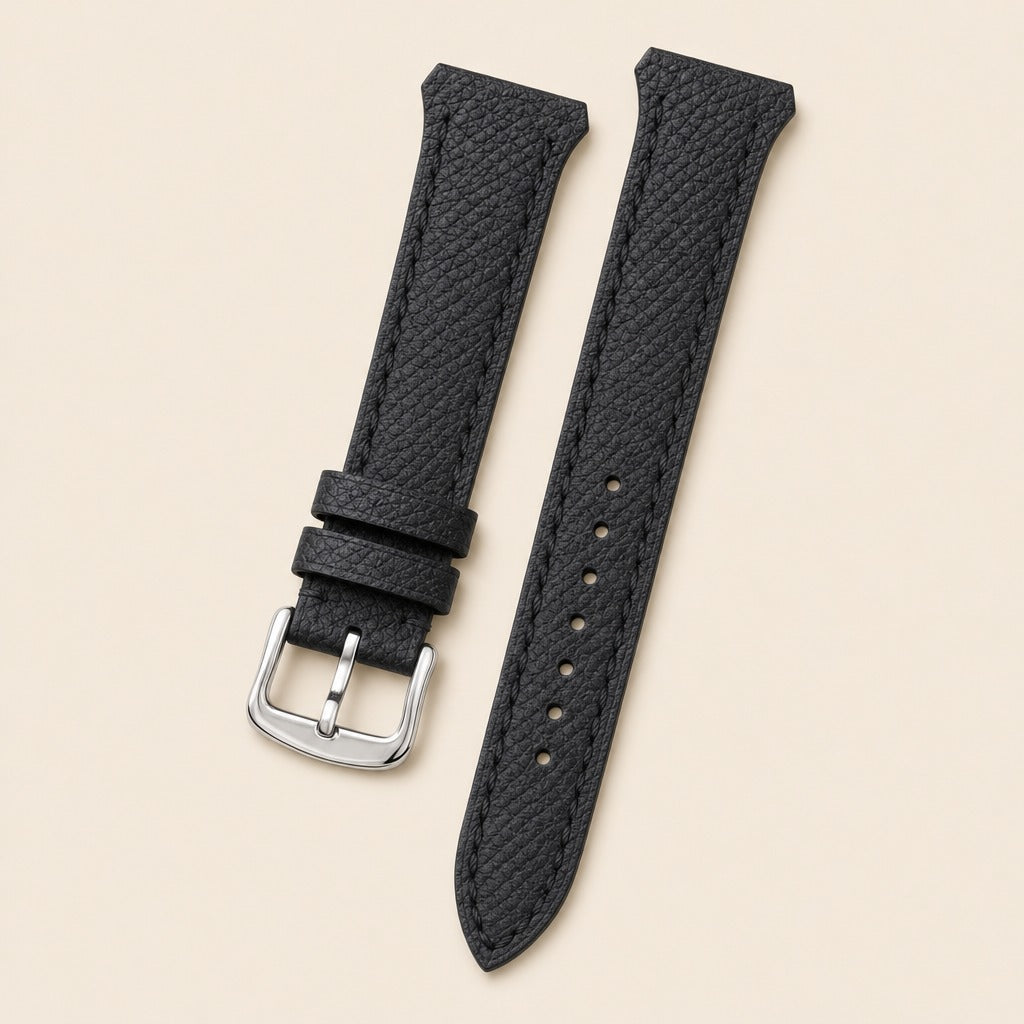 Black Epsom Wings Cut Leather Watch Strap leather watch strap, flat lay