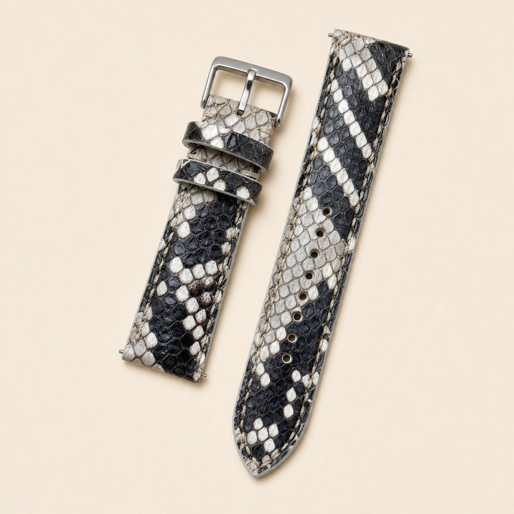 Black Gray Python Leather Watch Strap leather watch strap, flat lay