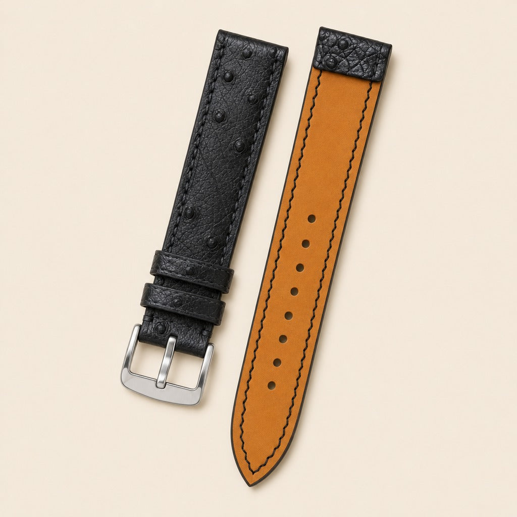 Black Ostrich Fixed Bars Leather Watch Strap leather watch strap, flat lay
