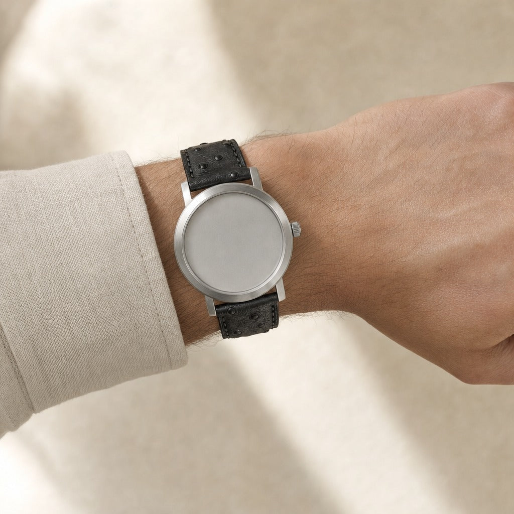 Black Ostrich Leather Watch Strap worn on the wrist
