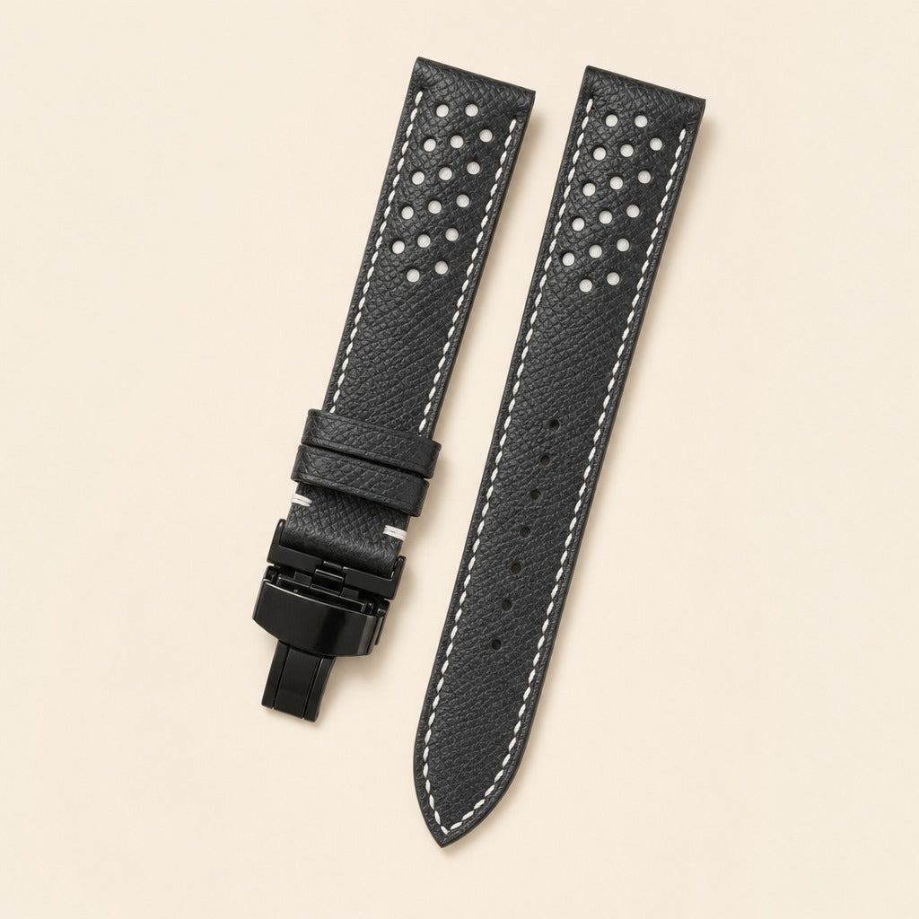 Black Rally Epsom Leather Watch Strap leather watch strap, flat lay