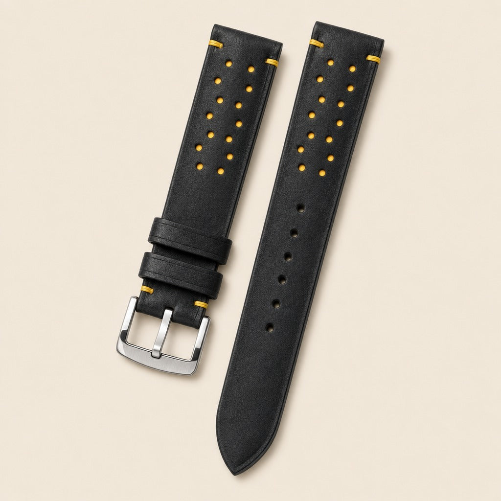 Black Rally Pueblo Leather Watch Strap leather watch strap, flat lay