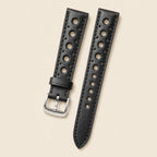 Black Rally Racing Vachetta Leather Watch Strap leather watch strap, flat lay