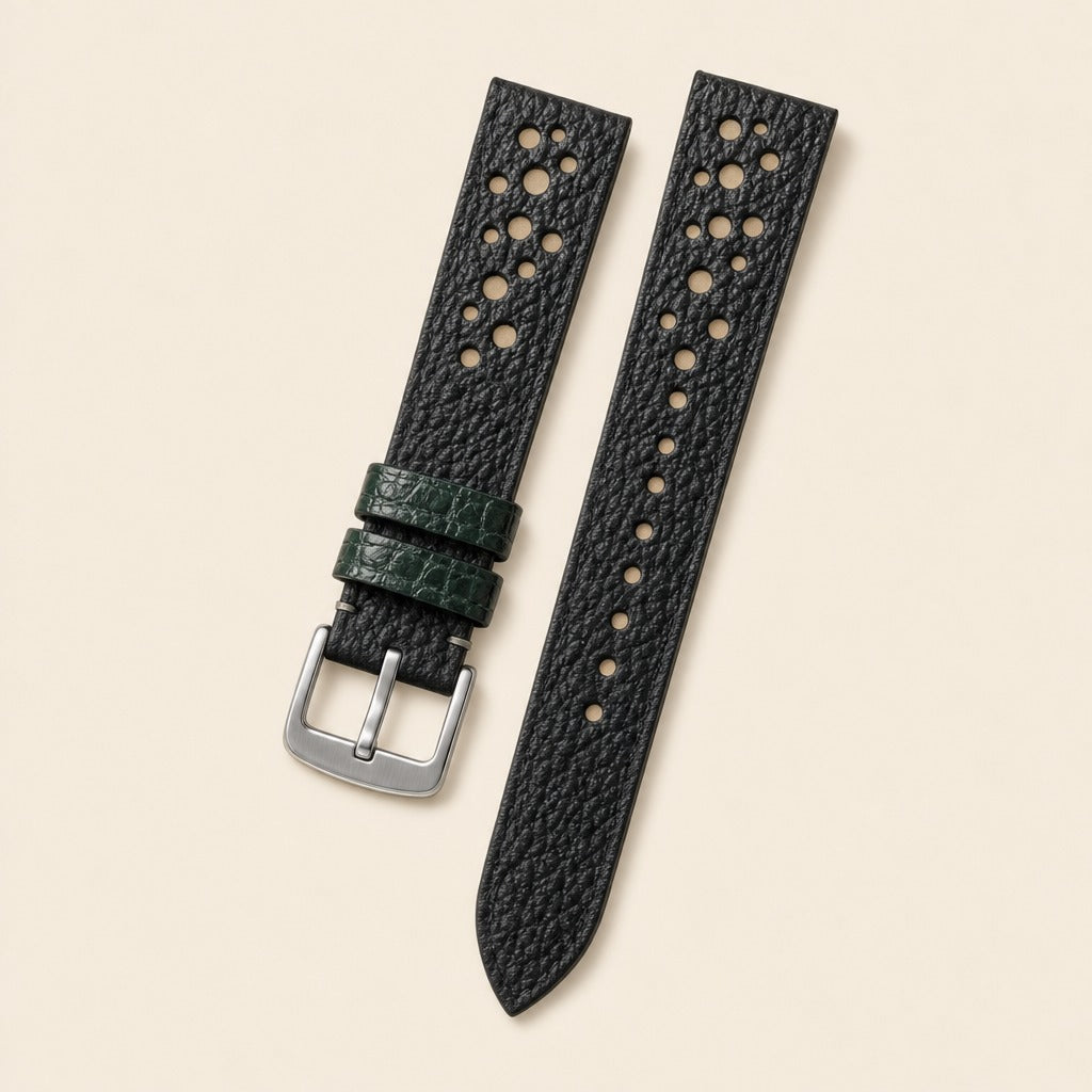 Black Rally Shark Leather Watch Strap leather watch strap, flat lay