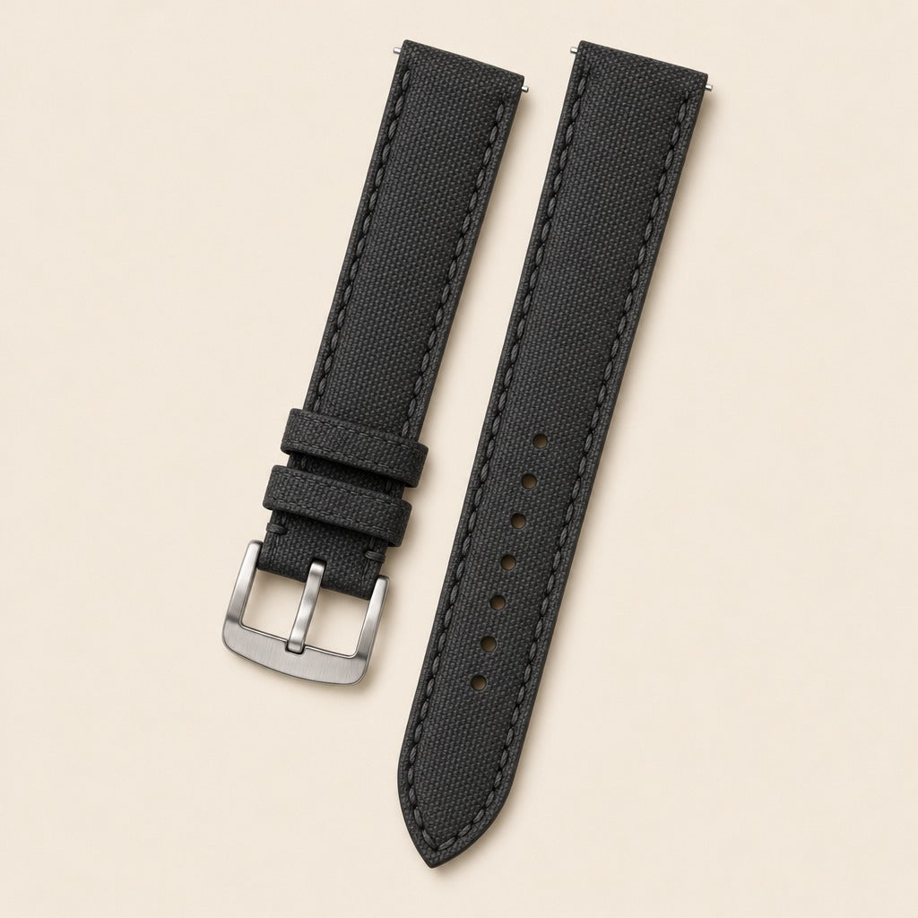 Black Sailcloth Rubber Watch Strap leather watch strap, flat lay