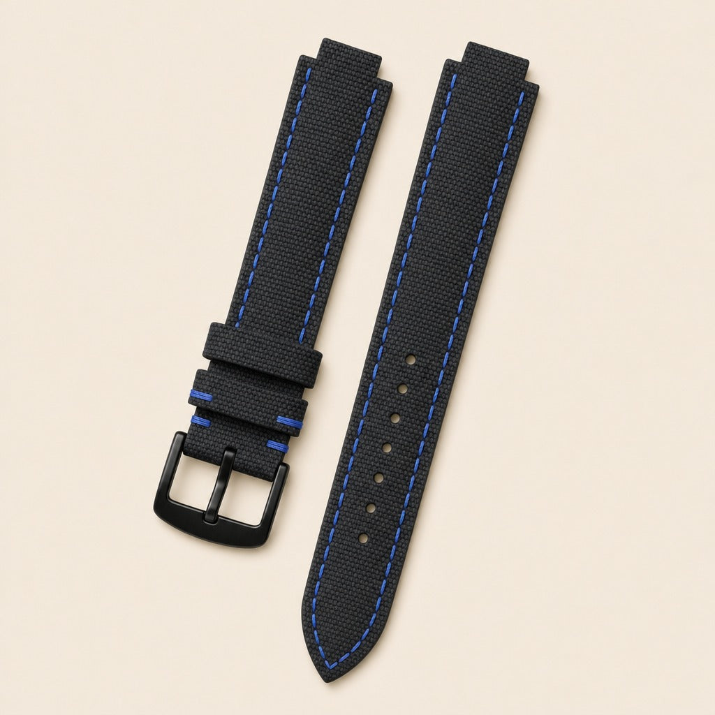 Black Sailcloth Rubber Middle Cut Watch Strap leather watch strap, flat lay