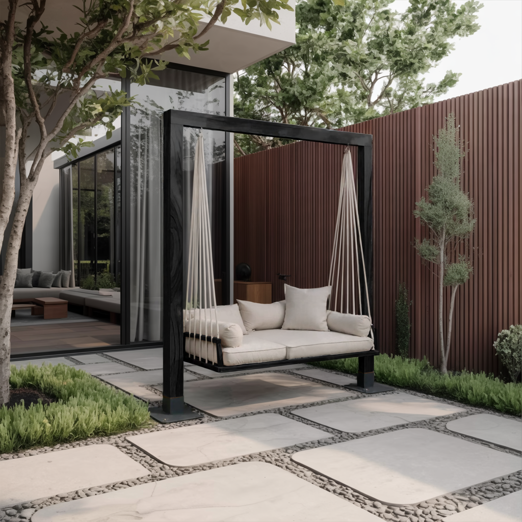 Solid Wood Freestanding Outdoor Daybed Swing with Rope Suspension in Black finish
