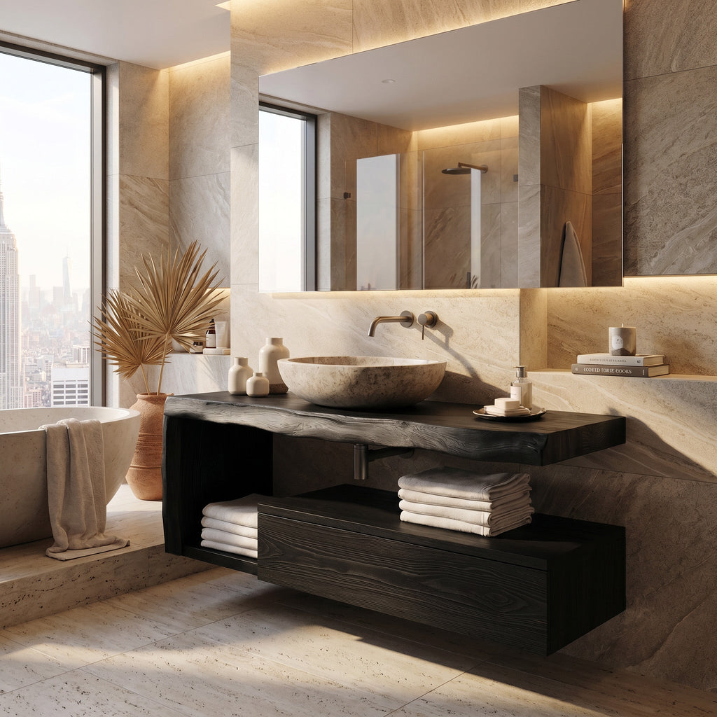 Modern Floating Solid Wood Bathroom Vanity with Drawer and Shelf in Black finish