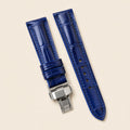 Blue Alligator Leather Watch Strap leather watch strap, flat lay