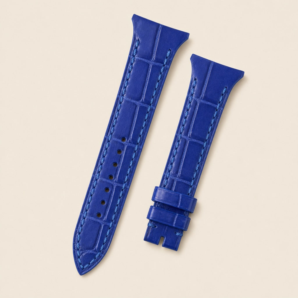 Blue Alligator Wings Cut Leather Watch Strap leather watch strap, flat lay