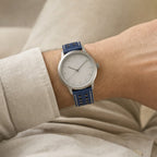 Blue & Cream Rally Racing Epsom Leather Watch Strap worn on the wrist