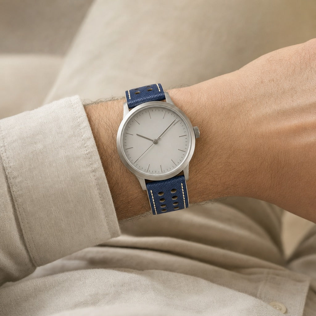Blue & Cream Rally Racing Epsom Leather Watch Strap worn on the wrist