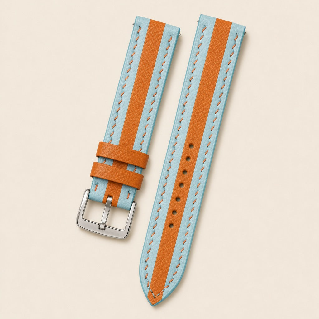 Blue & Orange Epsom Leather Watch Strap leather watch strap, flat lay