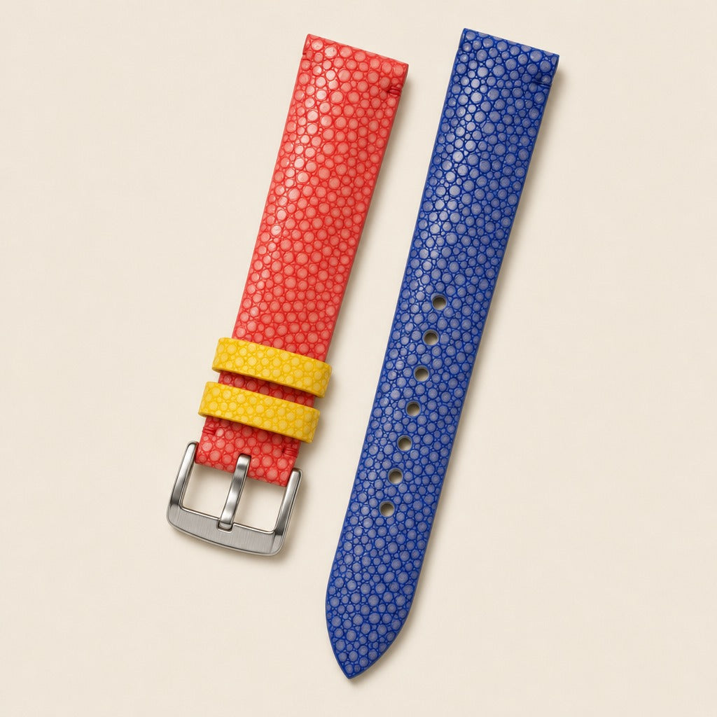 Blue & Red Stingray Leather Watch Strap leather watch strap, flat lay