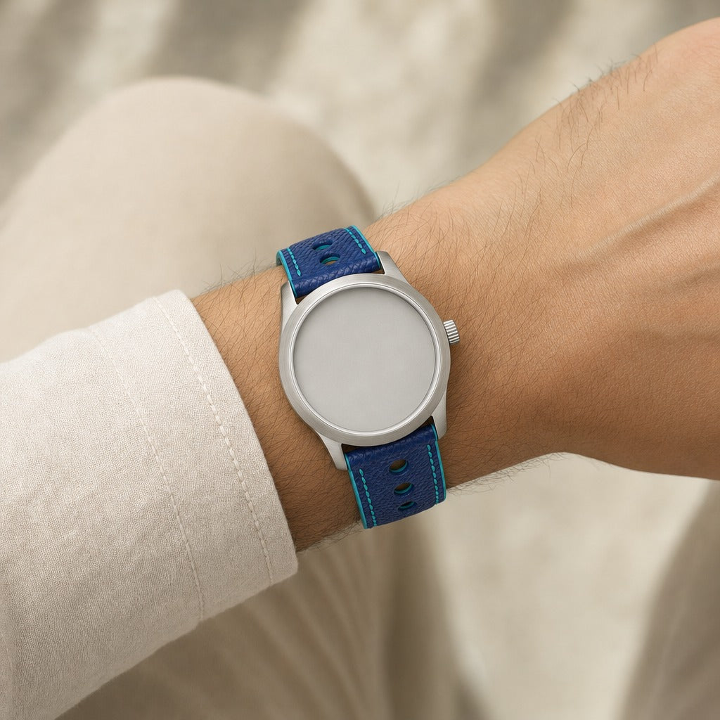 Blue & Turquoise Rally Racing Epsom Leather Watch Strap worn on the wrist