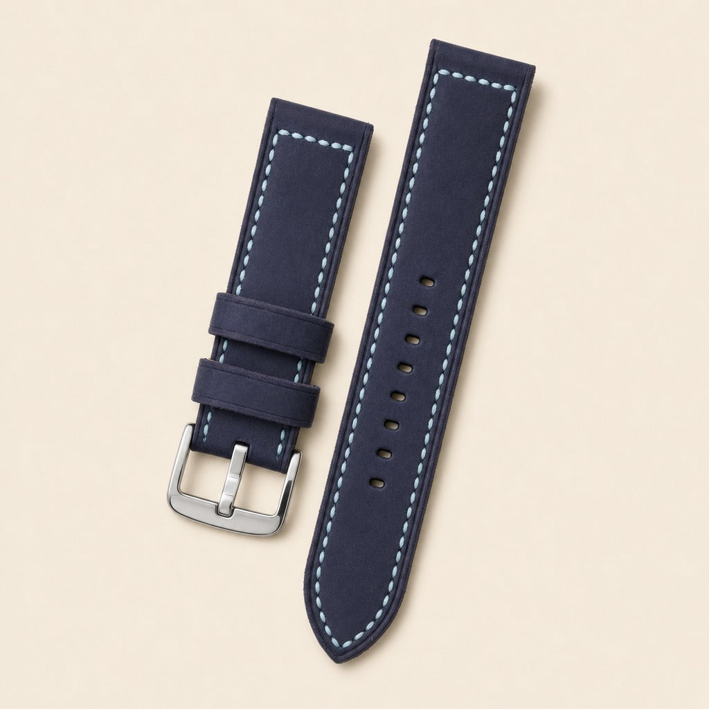 Blue Crazy Horse Leather Watch Strap leather watch strap, flat lay