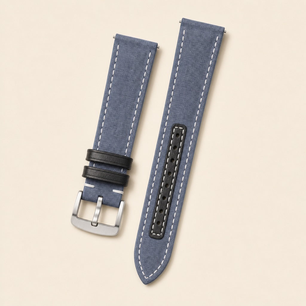 Blue Gray Canvas Watch Strap leather watch strap, flat lay