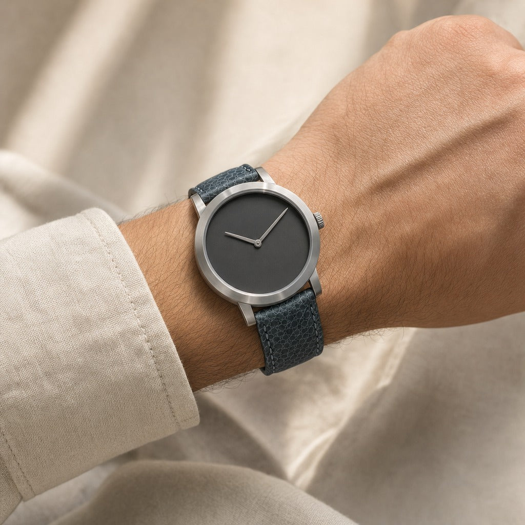 Blue Gray Nubuck Ostrich Leg Leather Watch Strap worn on the wrist