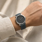 Blue Gray Nubuck Ostrich Leg Leather Watch Strap worn on the wrist